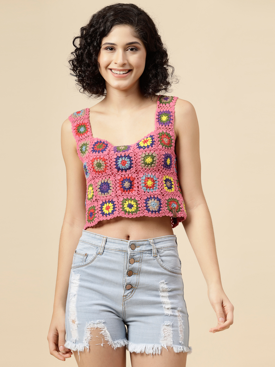 Granny Square Crochet Summer Crop Top - Pink