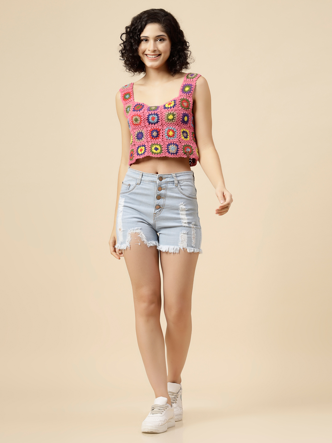 Granny Square Crochet Summer Crop Top - Pink