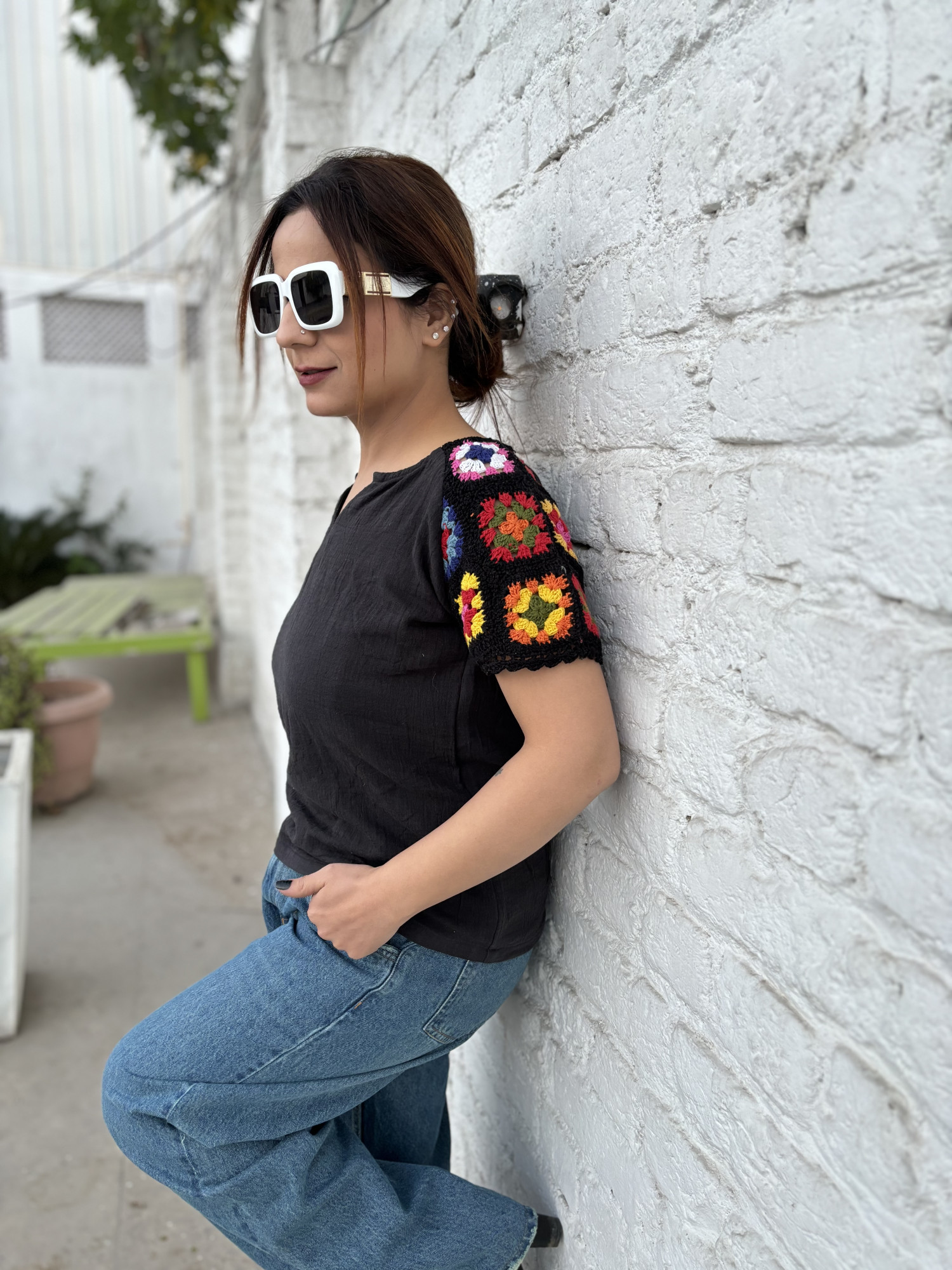 Top with Crochet Detailing Sleeves - Black