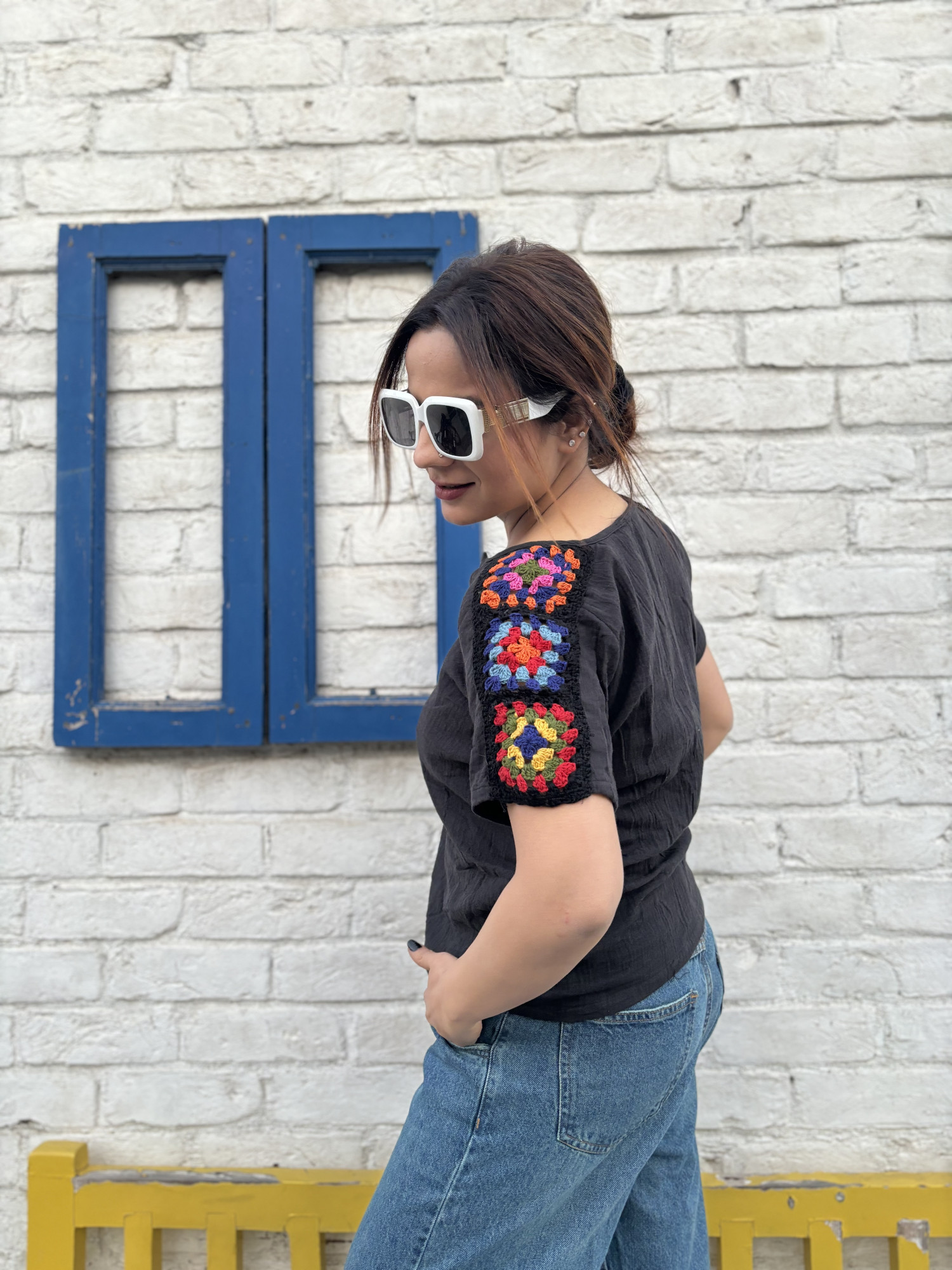 Top with Crochet Lace Sleeves - Black