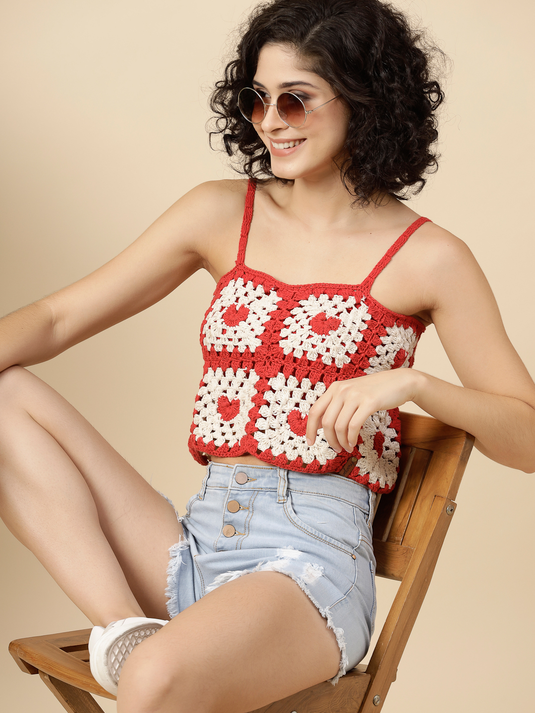 Crochet Cami Top with Heart Granny Squares - Red