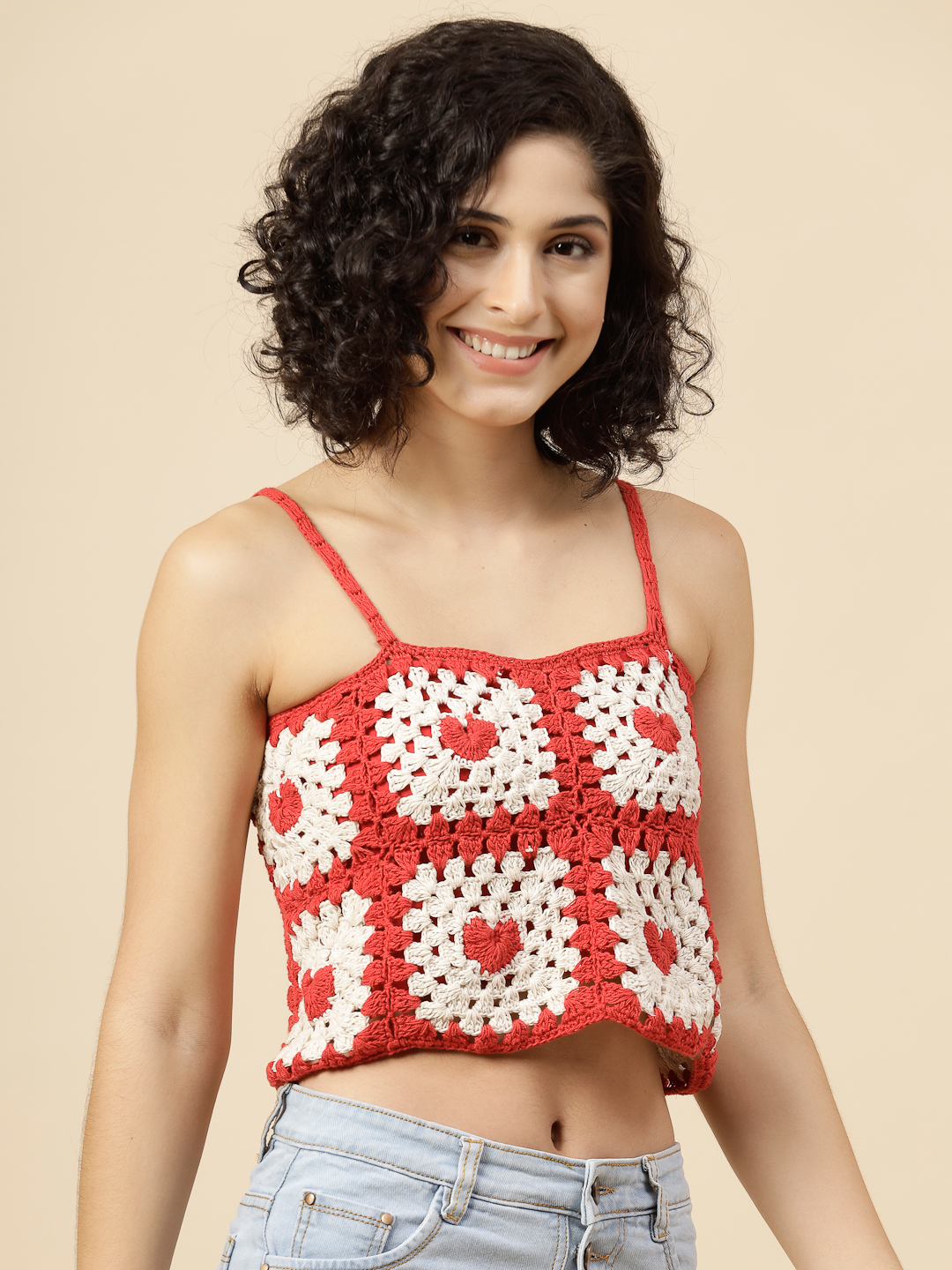Crochet Cami Top with Heart Granny Squares - Red