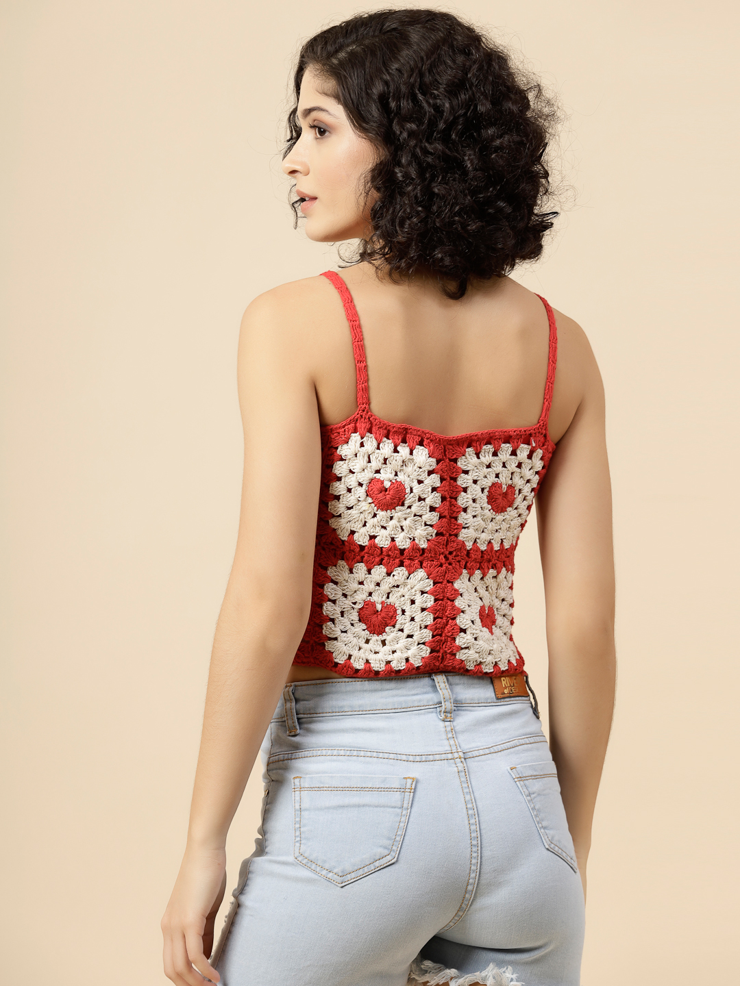Crochet Cami Top with Heart Granny Squares - Red