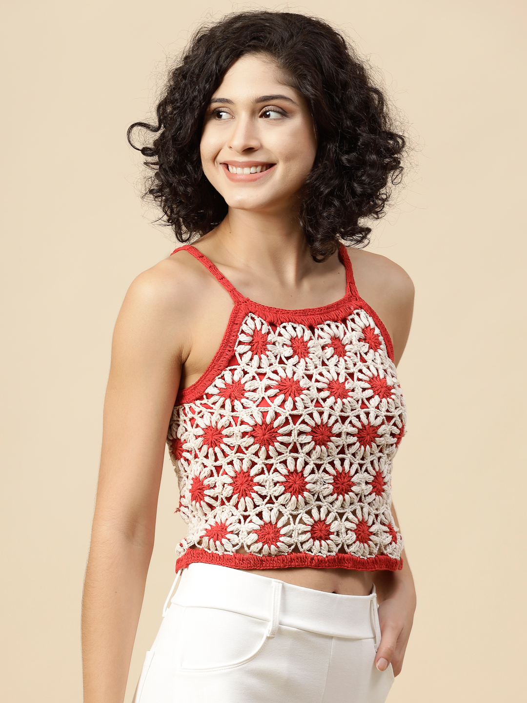 Velvery Daisy Flower Crochet Tank Top - Red