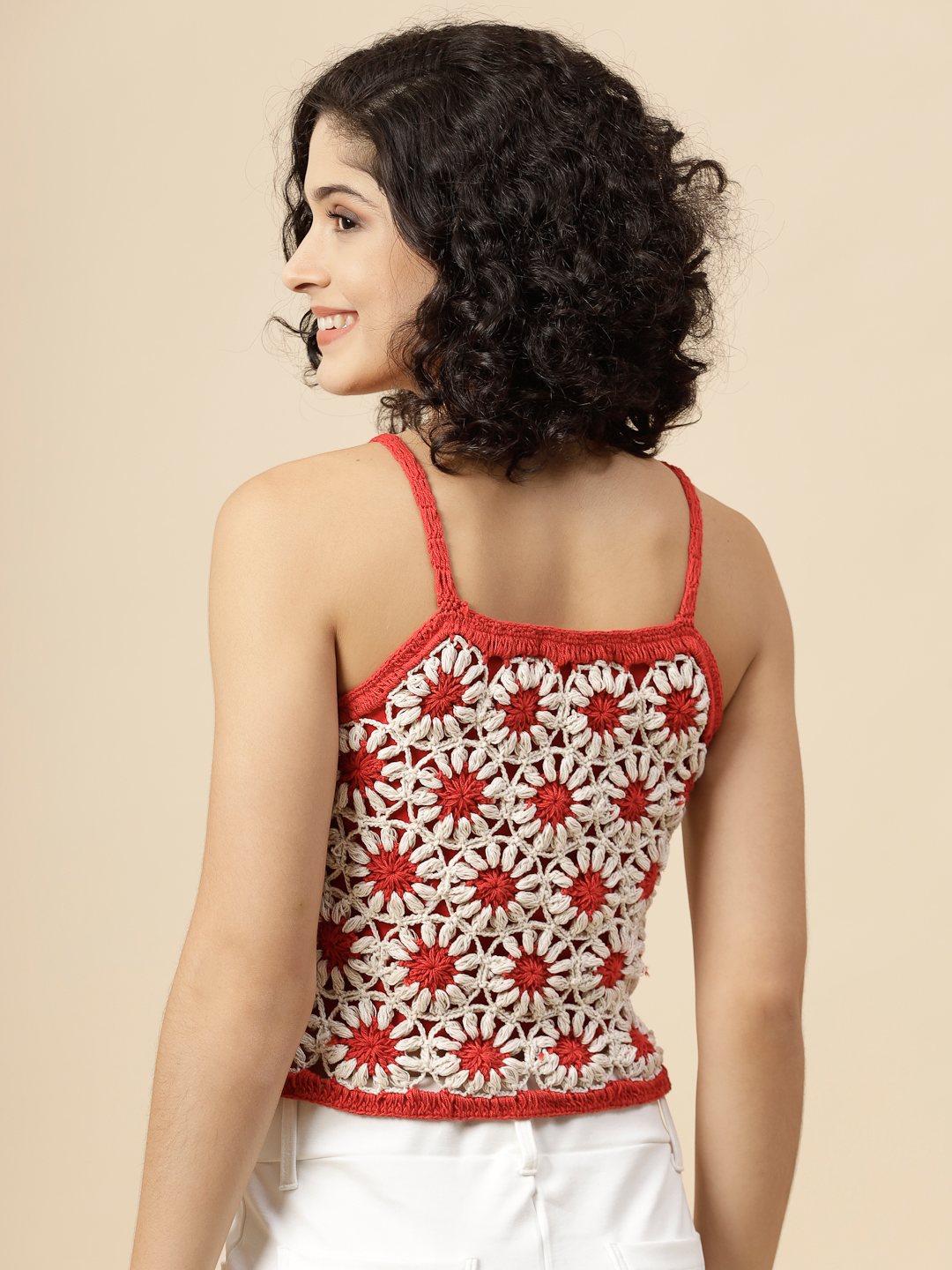 Velvery Daisy Flower Crochet Tank Top - Red