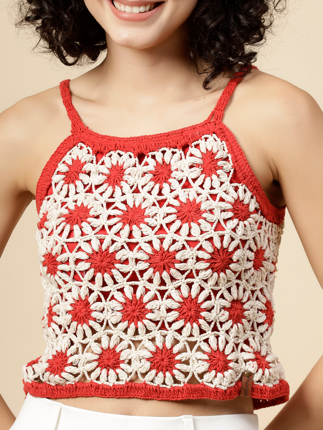 Velvery Daisy Flower Crochet Tank Top - Red