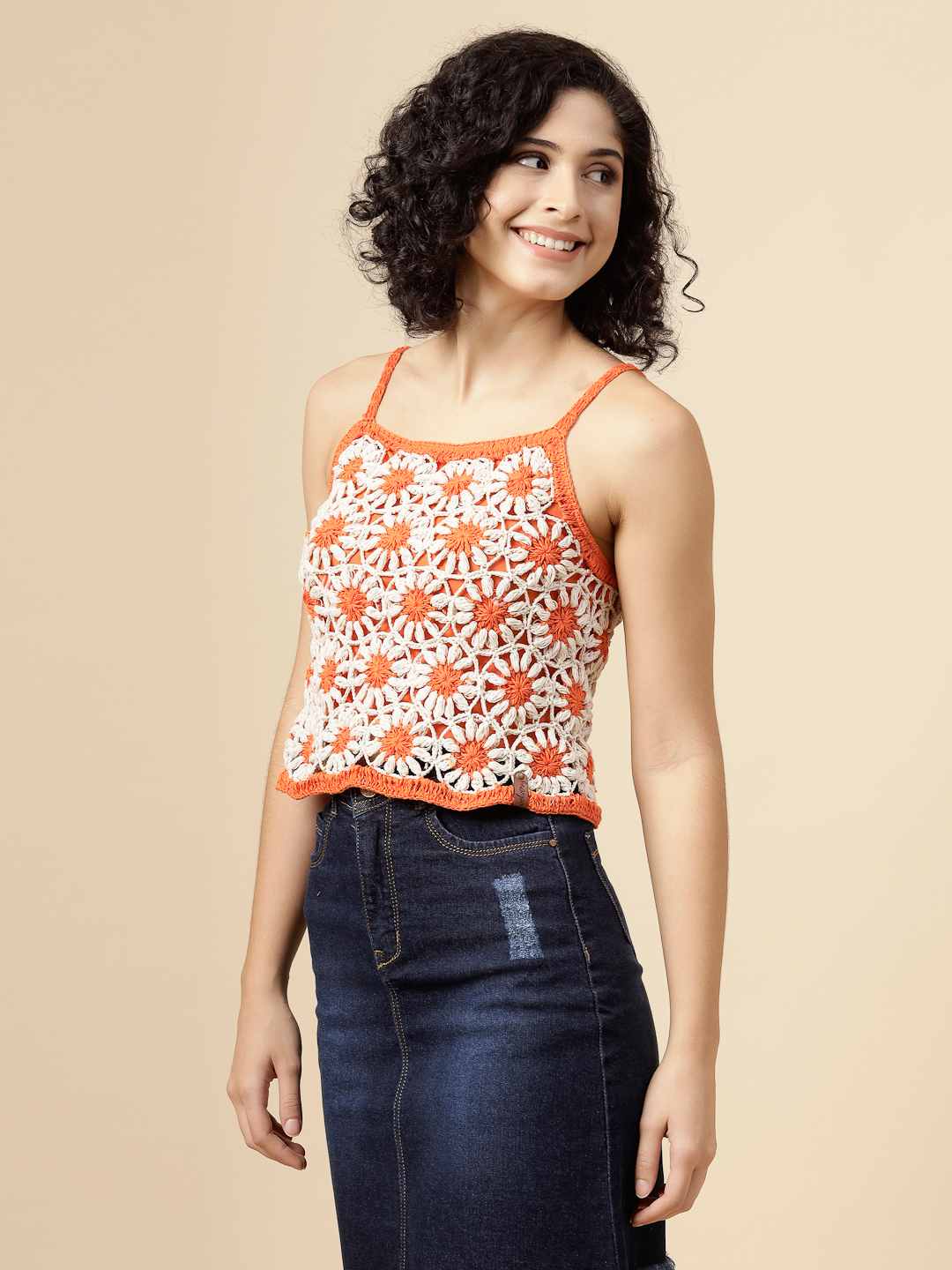 Velvery Daisy Flower Crochet Tank Top - Orange
