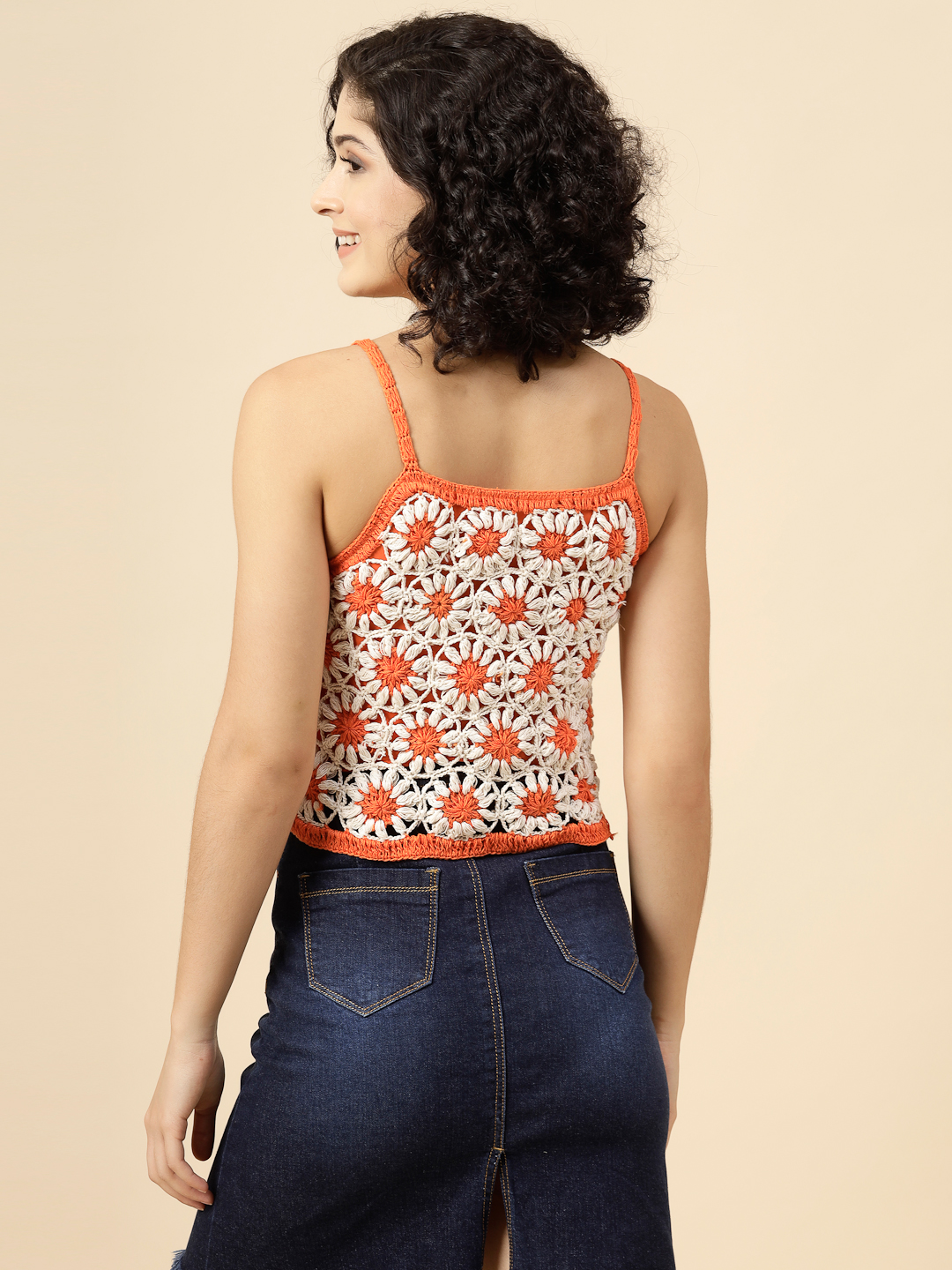 Velvery Daisy Flower Crochet Tank Top - Orange