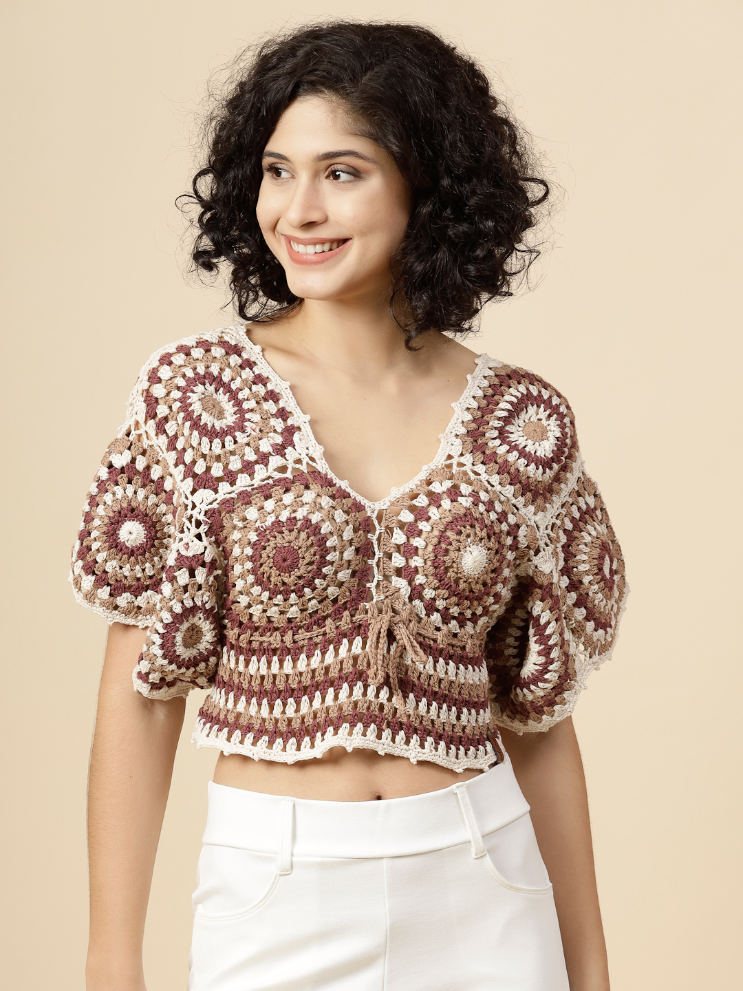 Boho Crochet Top for Ladies - Beige