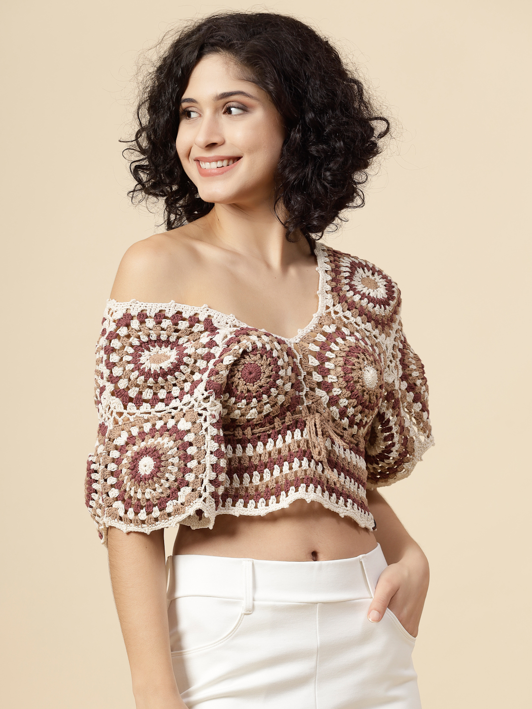 Boho Crochet Top for Ladies - Beige
