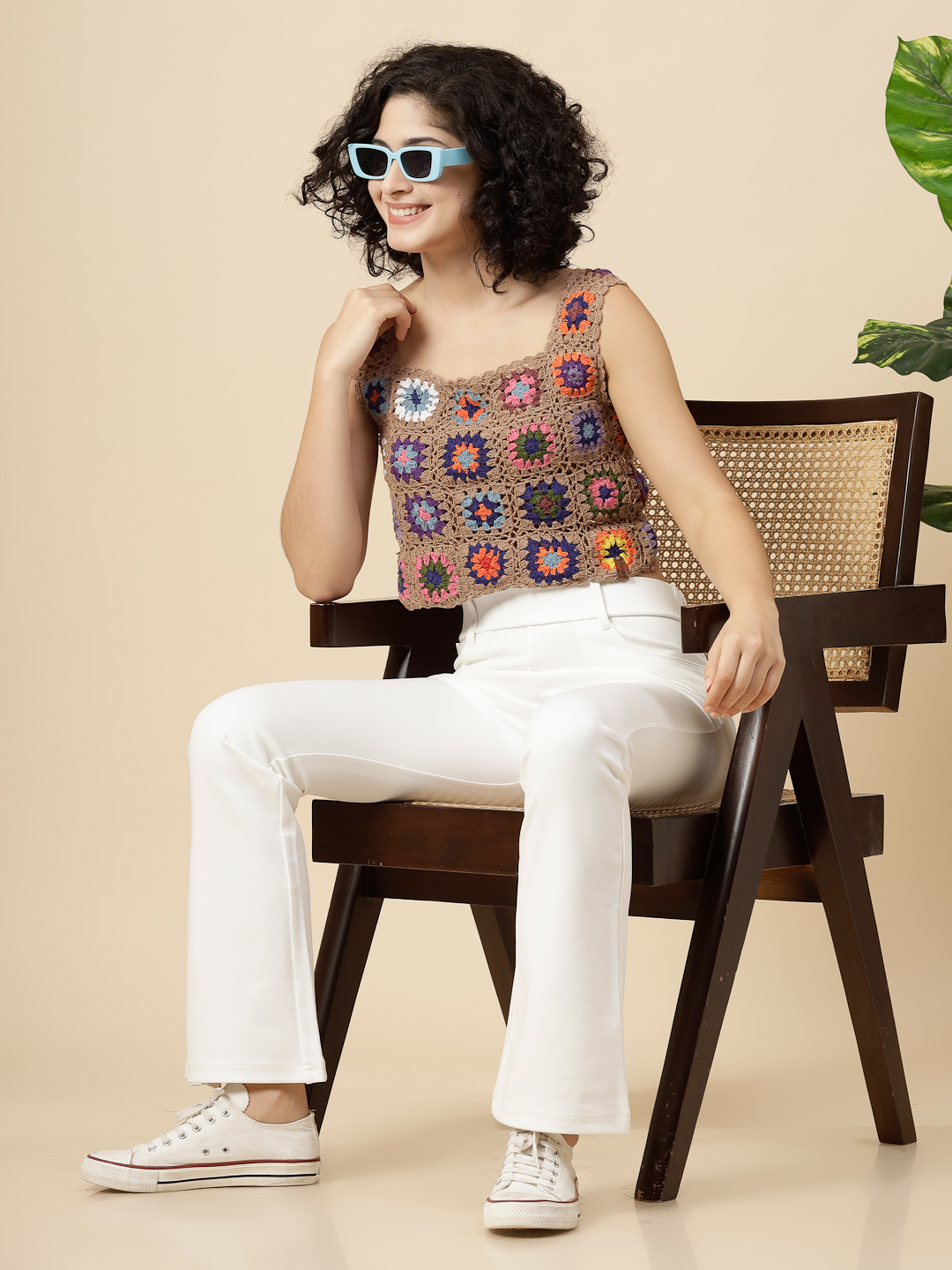 Granny Square Crochet Crop Top - Beige