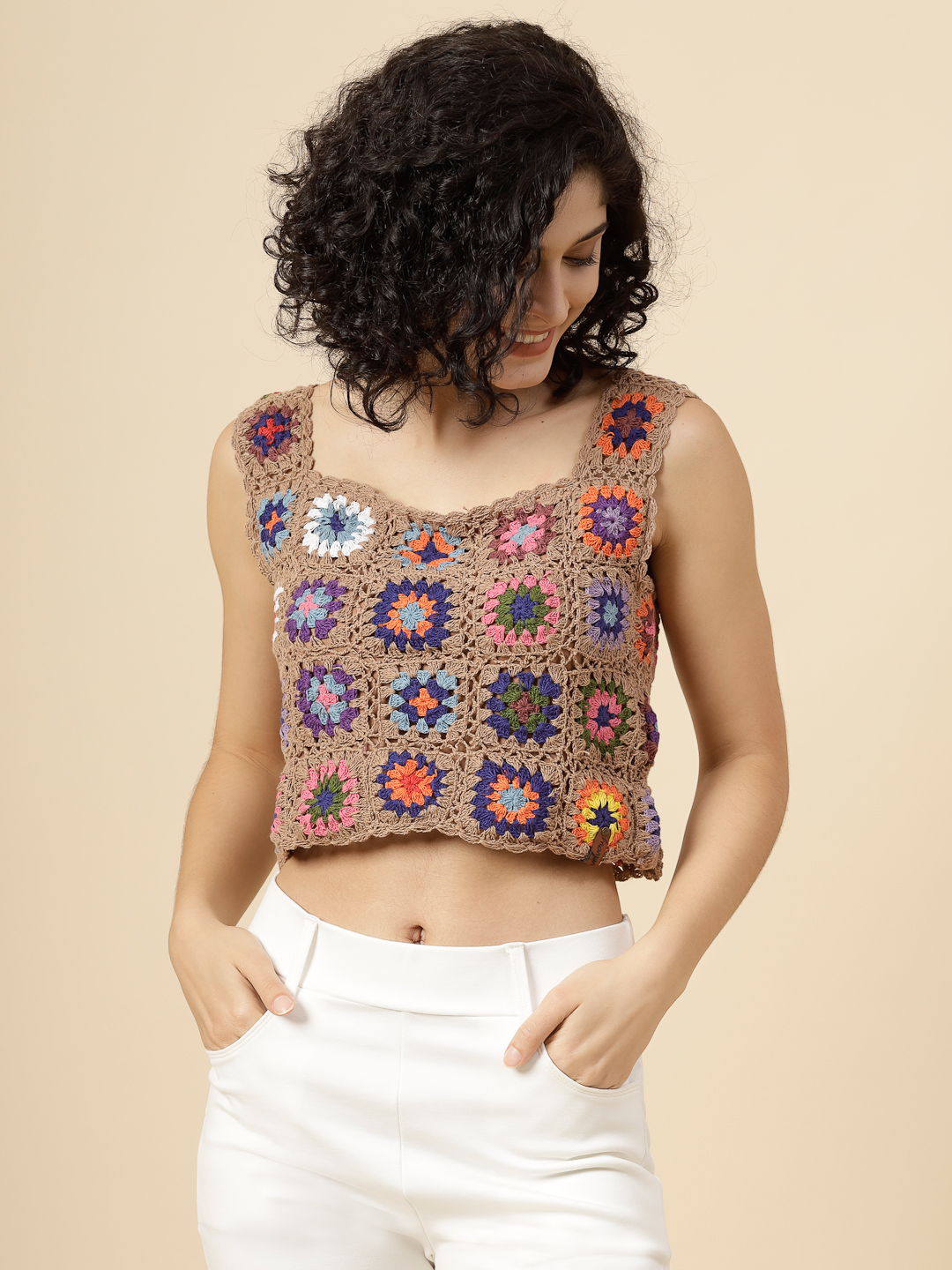 Granny Square Crochet Crop Top - Beige