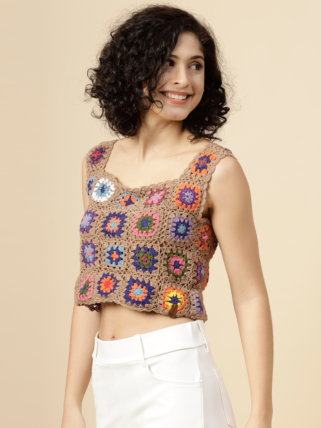 Granny Square Crochet Crop Top - Beige