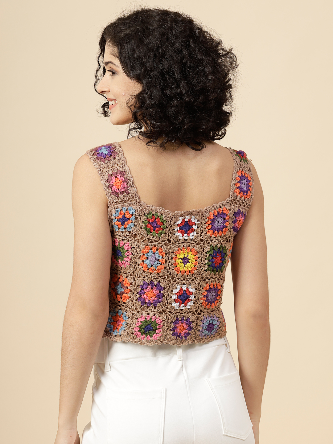 Granny Square Crochet Crop Top - Beige