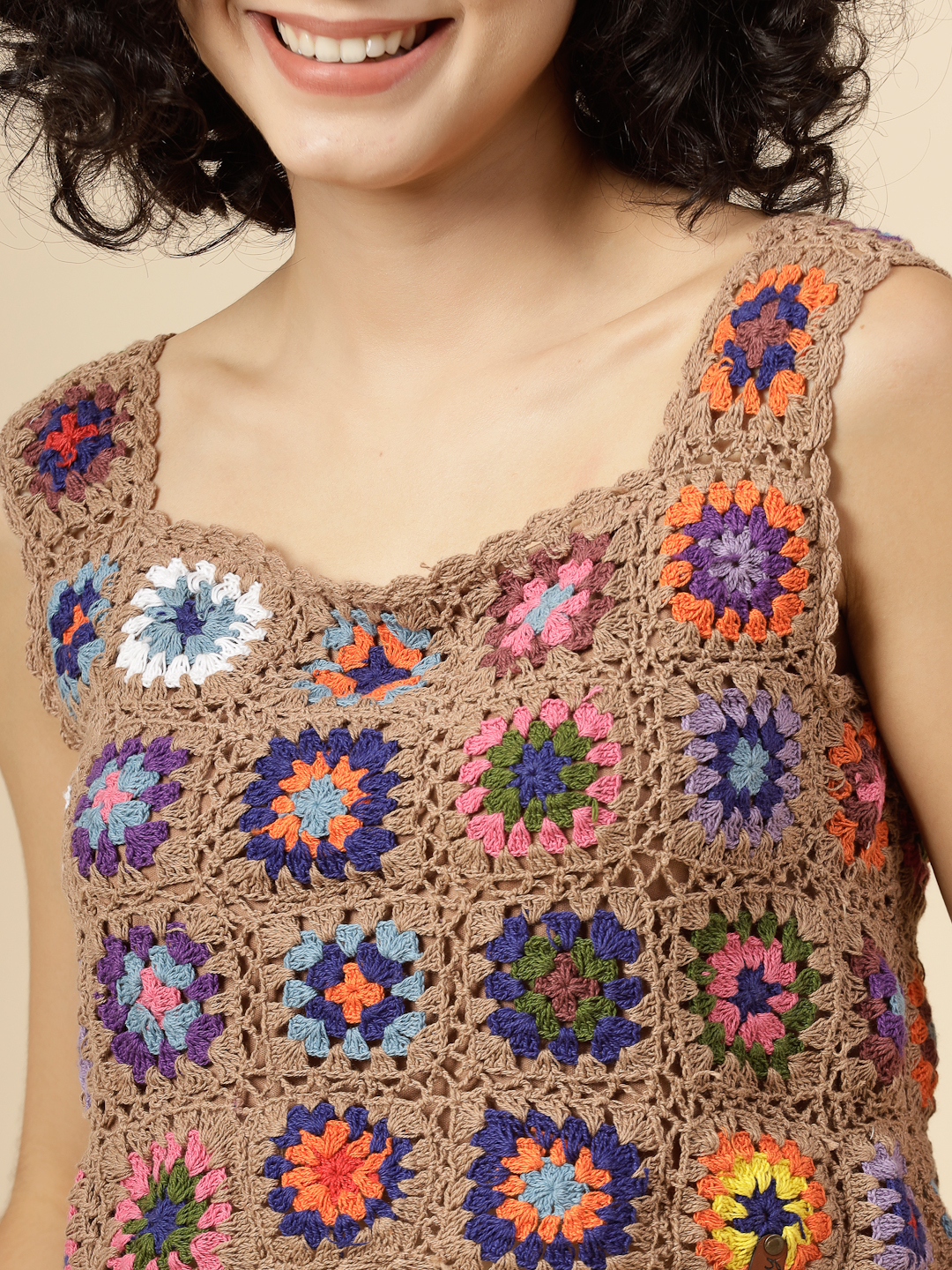 Granny Square Crochet Crop Top - Beige