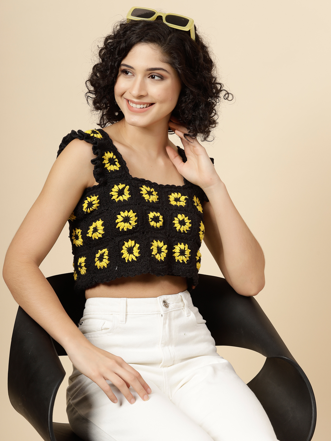 Black Crochet Top with Sunflower Granny Squares