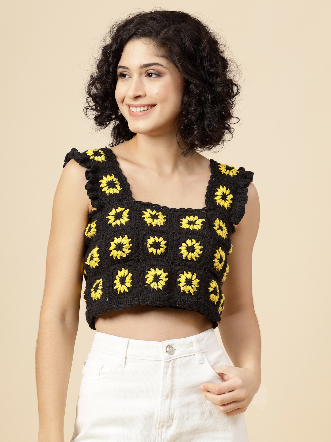 Black Crochet Top with Sunflower Granny Squares