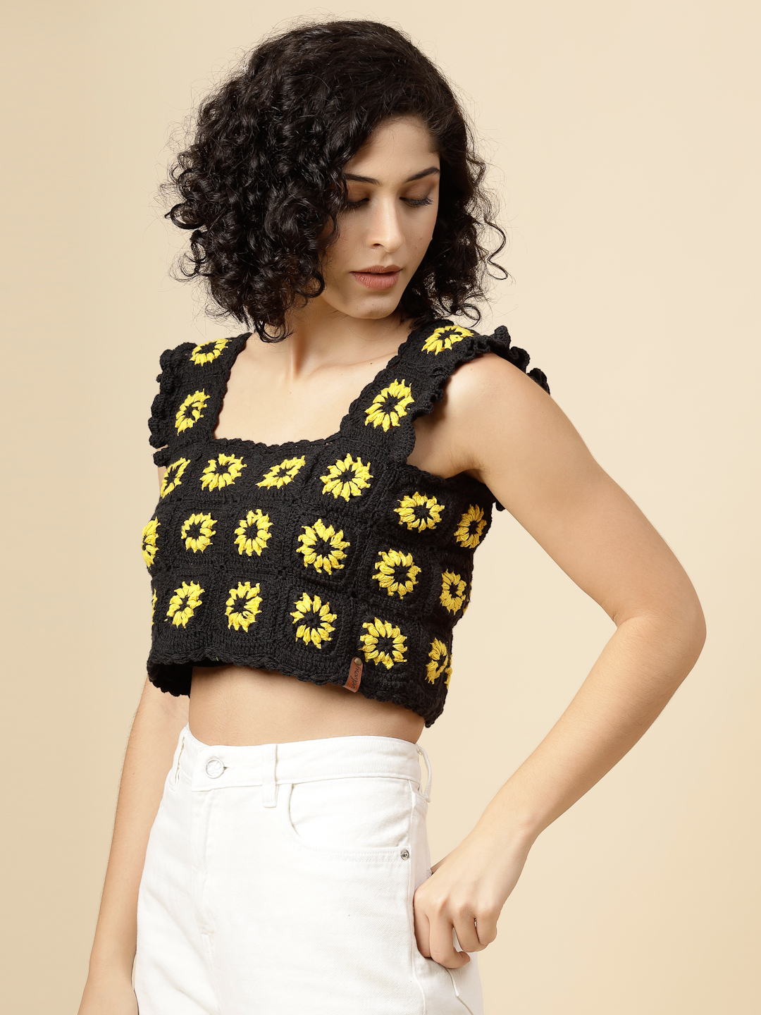 Black Crochet Top with Sunflower Granny Squares