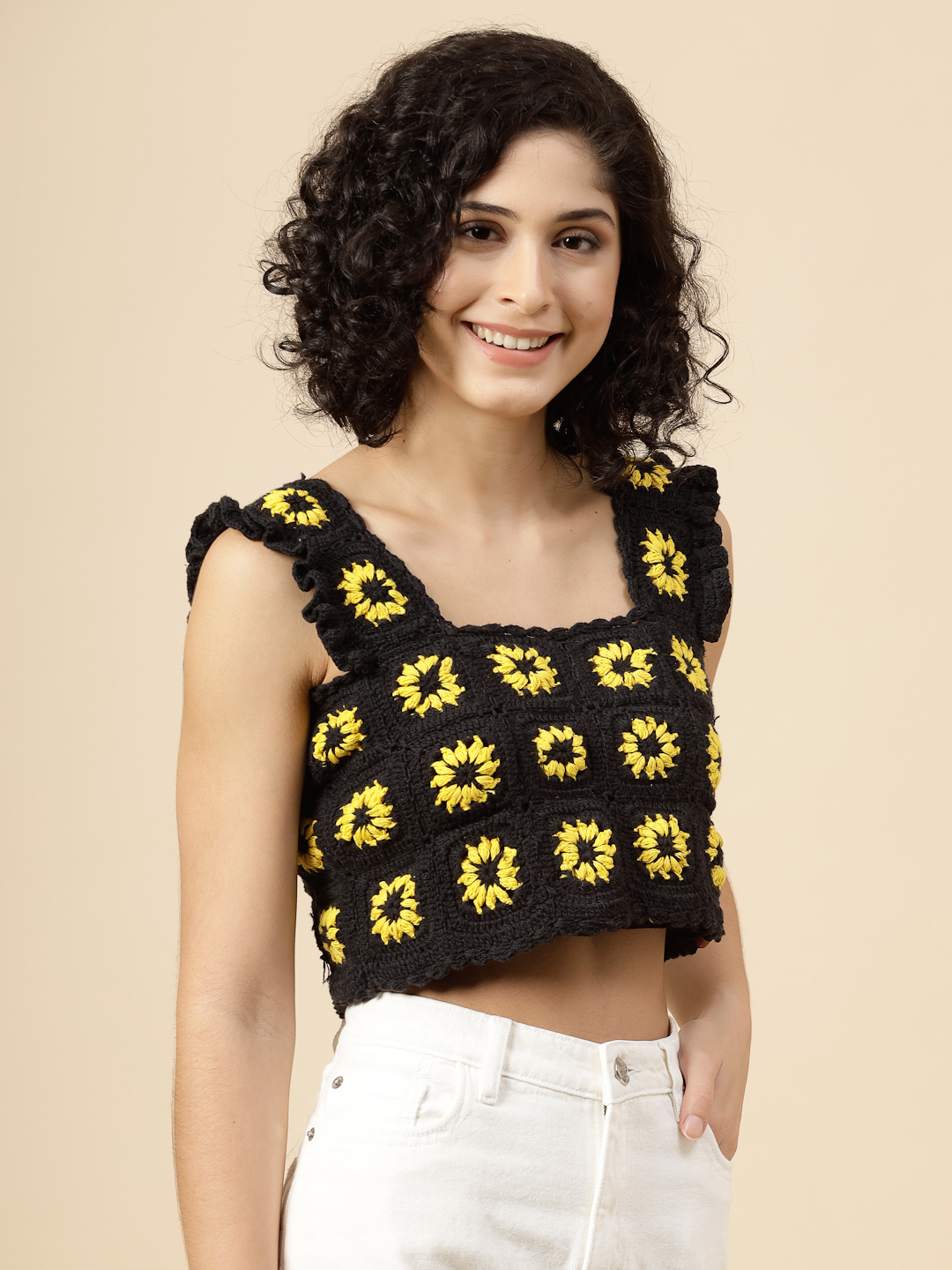 Black Crochet Top with Sunflower Granny Squares