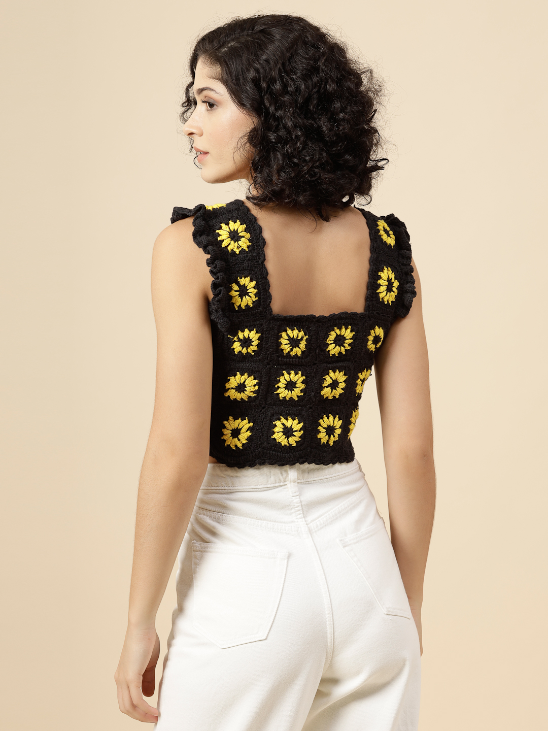 Black Crochet Top with Sunflower Granny Squares