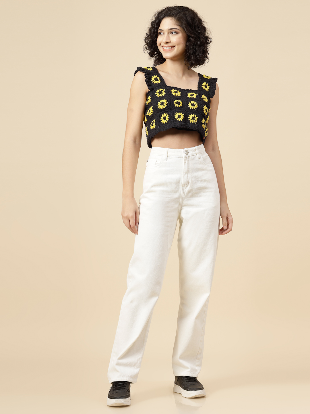 Black Crochet Top with Sunflower Granny Squares