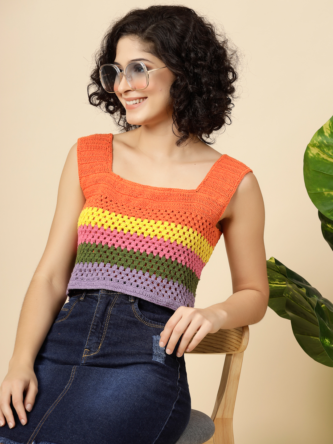 Rainbow Crochet Crop Top for Women - Multi