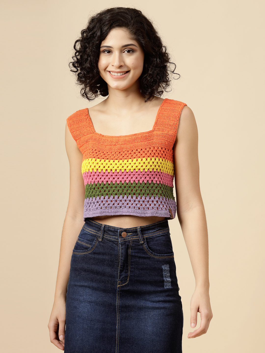 Rainbow Crochet Crop Top for Women - Multi