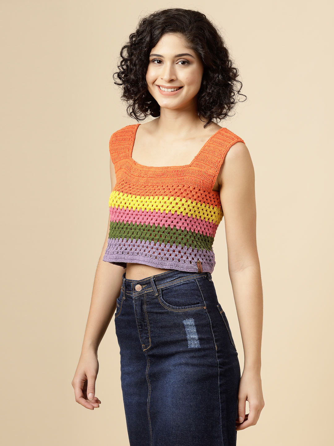 Rainbow Crochet Crop Top for Women - Multi