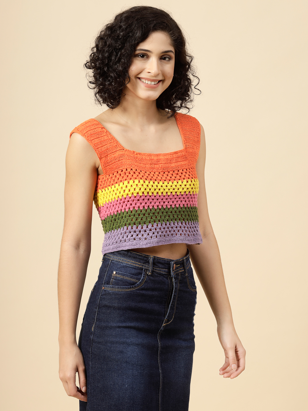 Rainbow Crochet Crop Top for Women - Multi