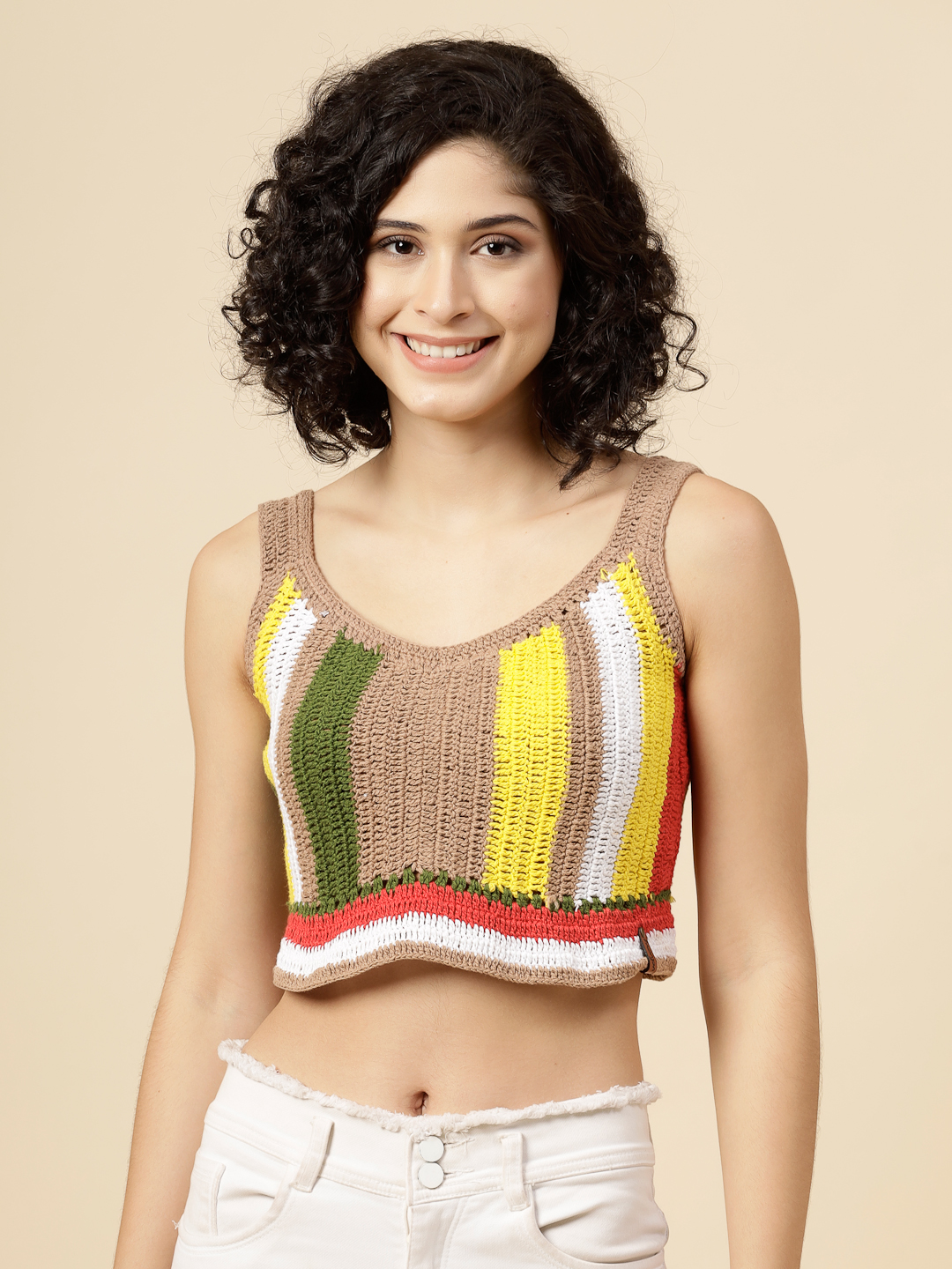 Striped Crochet Summer Crop Top - Biege