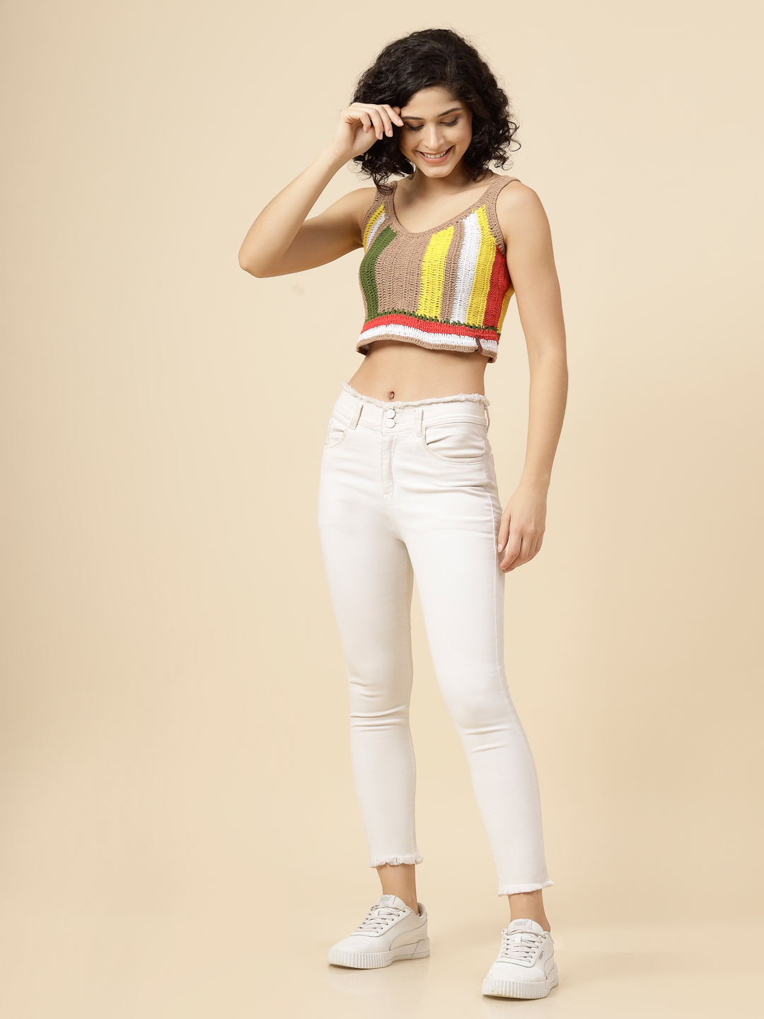 Striped Crochet Summer Crop Top - Biege