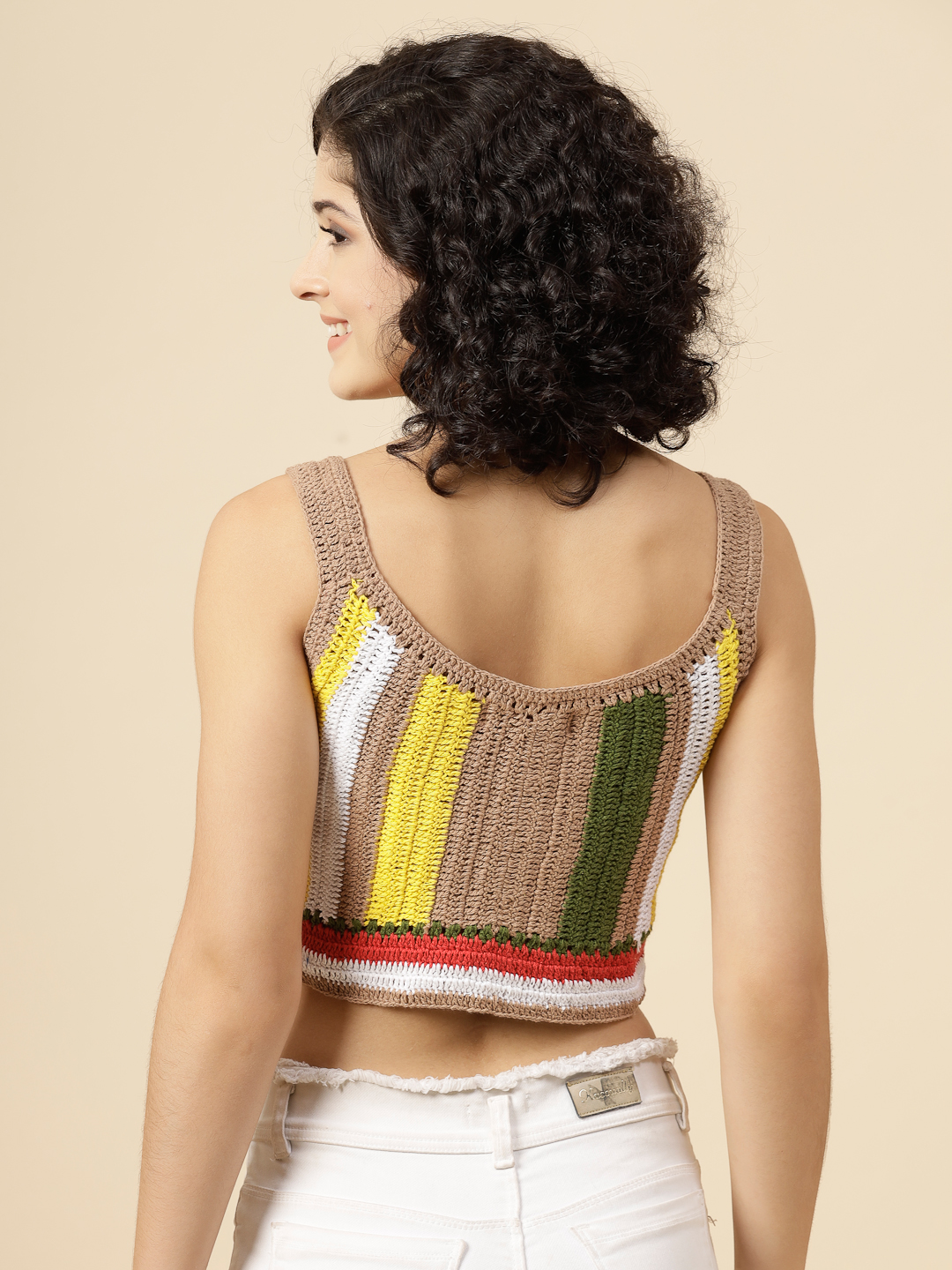 Striped Crochet Summer Crop Top - Biege