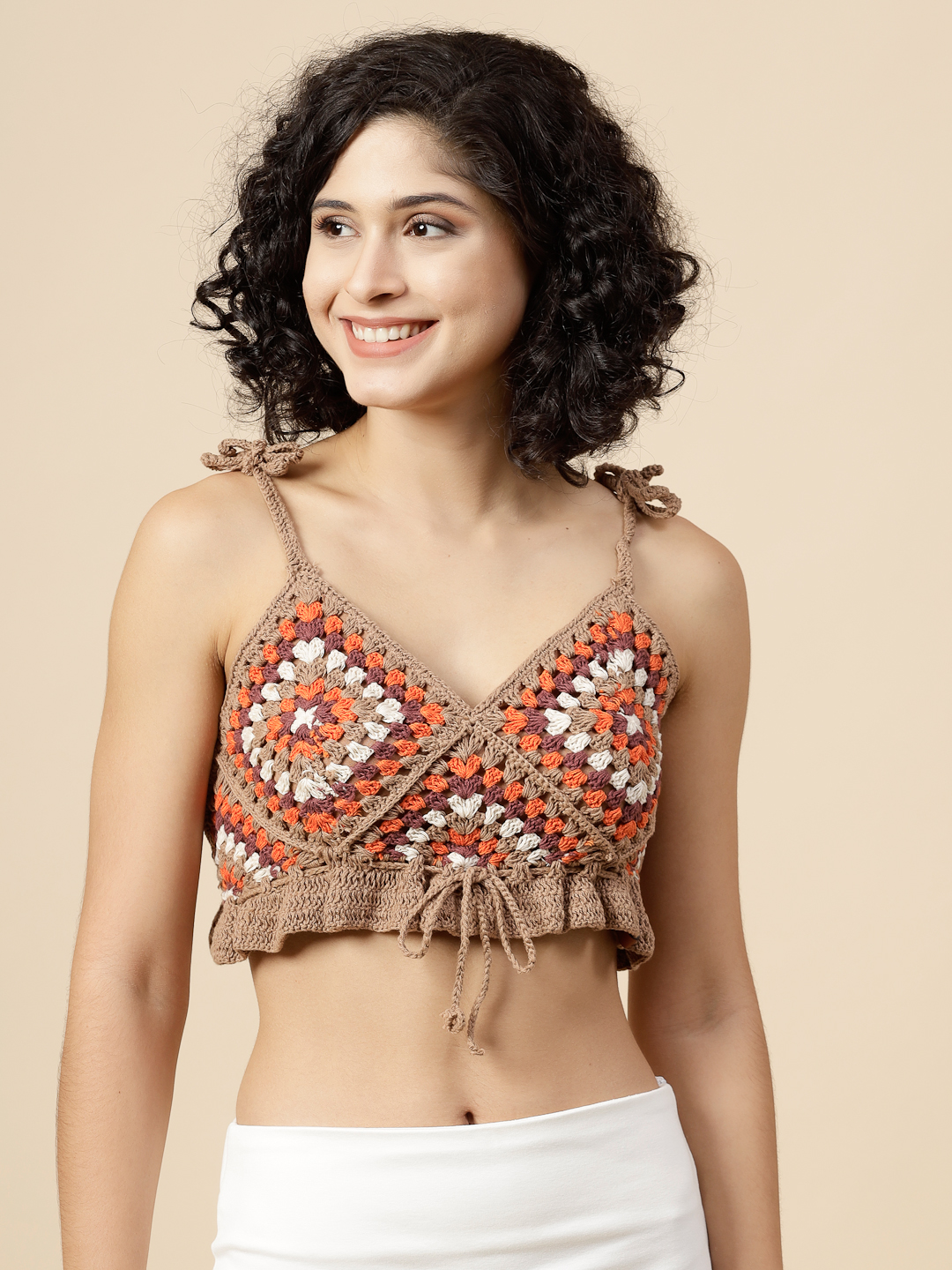 Crochet Crop Top with Tie Straps - Beige
