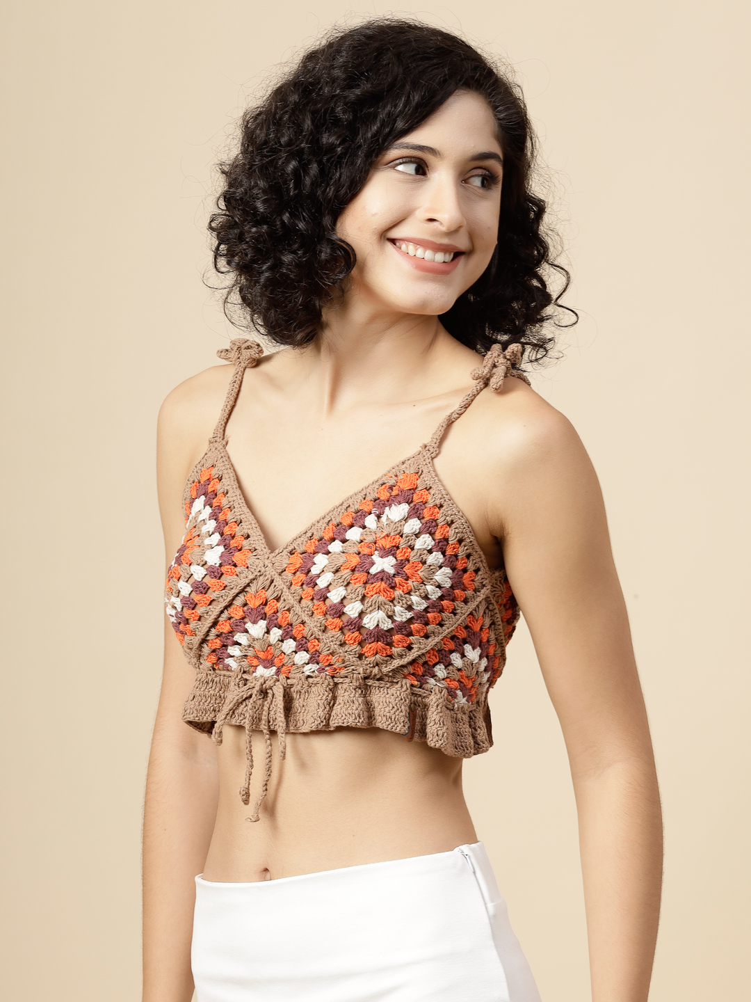 Crochet Crop Top with Tie Straps - Beige