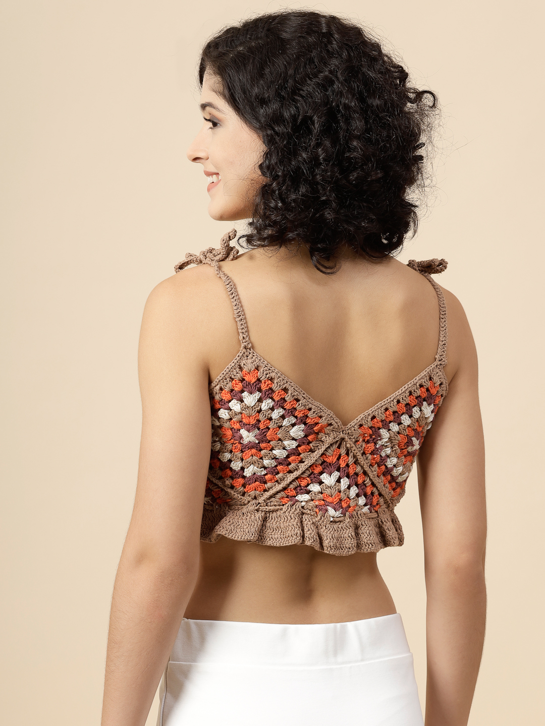 Crochet Crop Top with Tie Straps - Beige