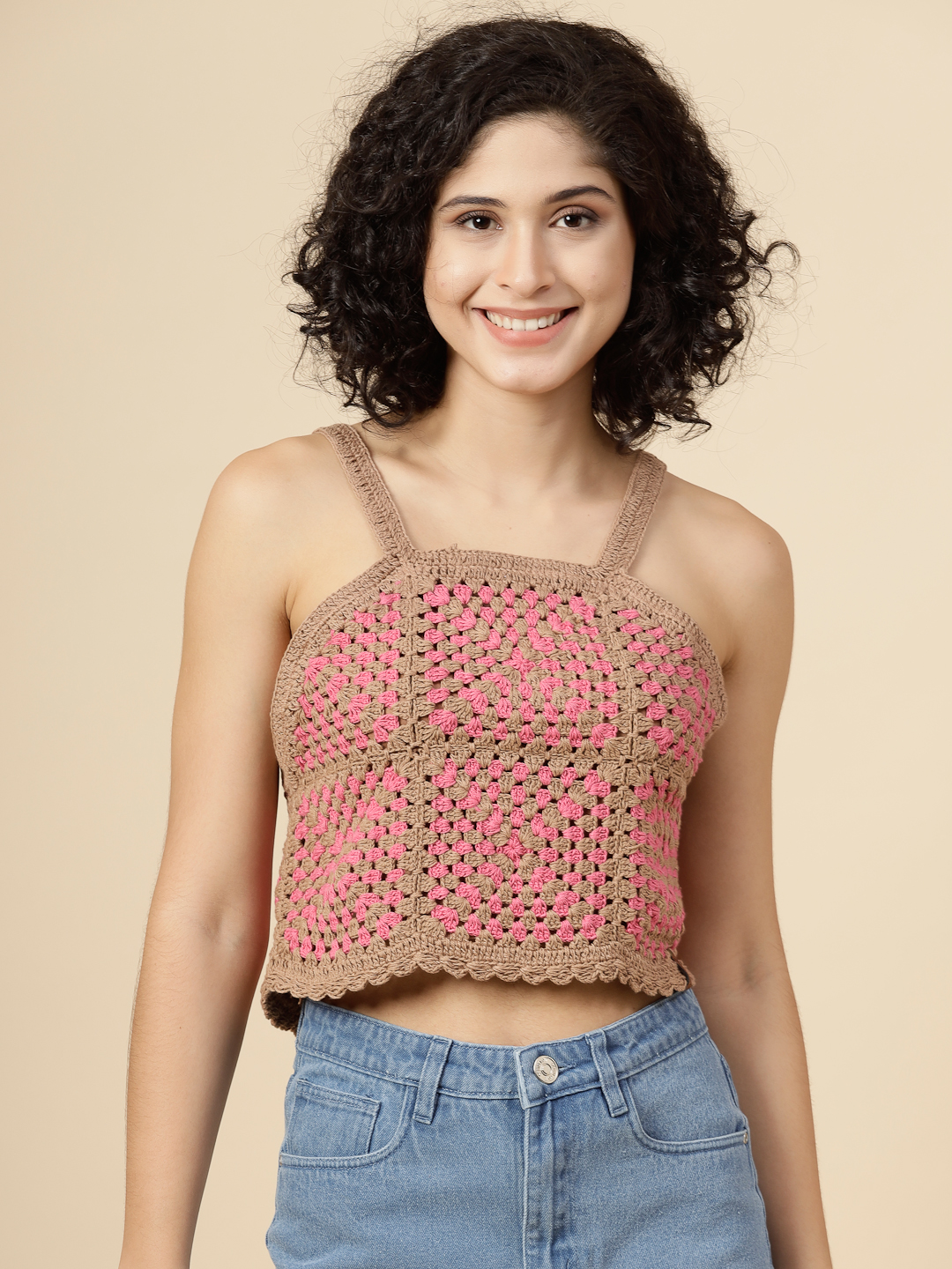 Crochet Cami Summer Crop Top for Women - Beige