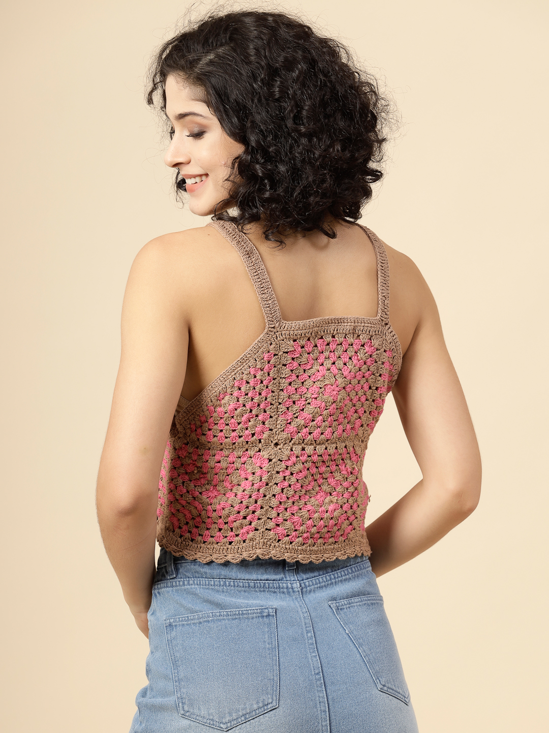 Crochet Cami Summer Crop Top for Women - Beige