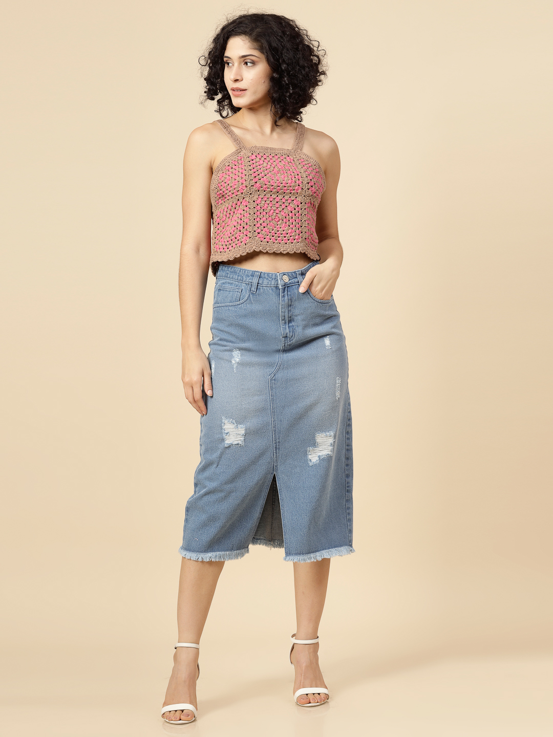 Crochet Cami Summer Crop Top for Women - Beige
