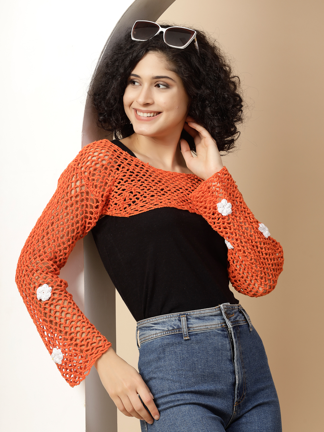 Hollow Out Crochet Knit Top for Women - Orange