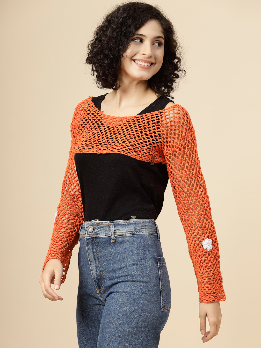 Hollow Out Crochet Knit Top for Women - Orange