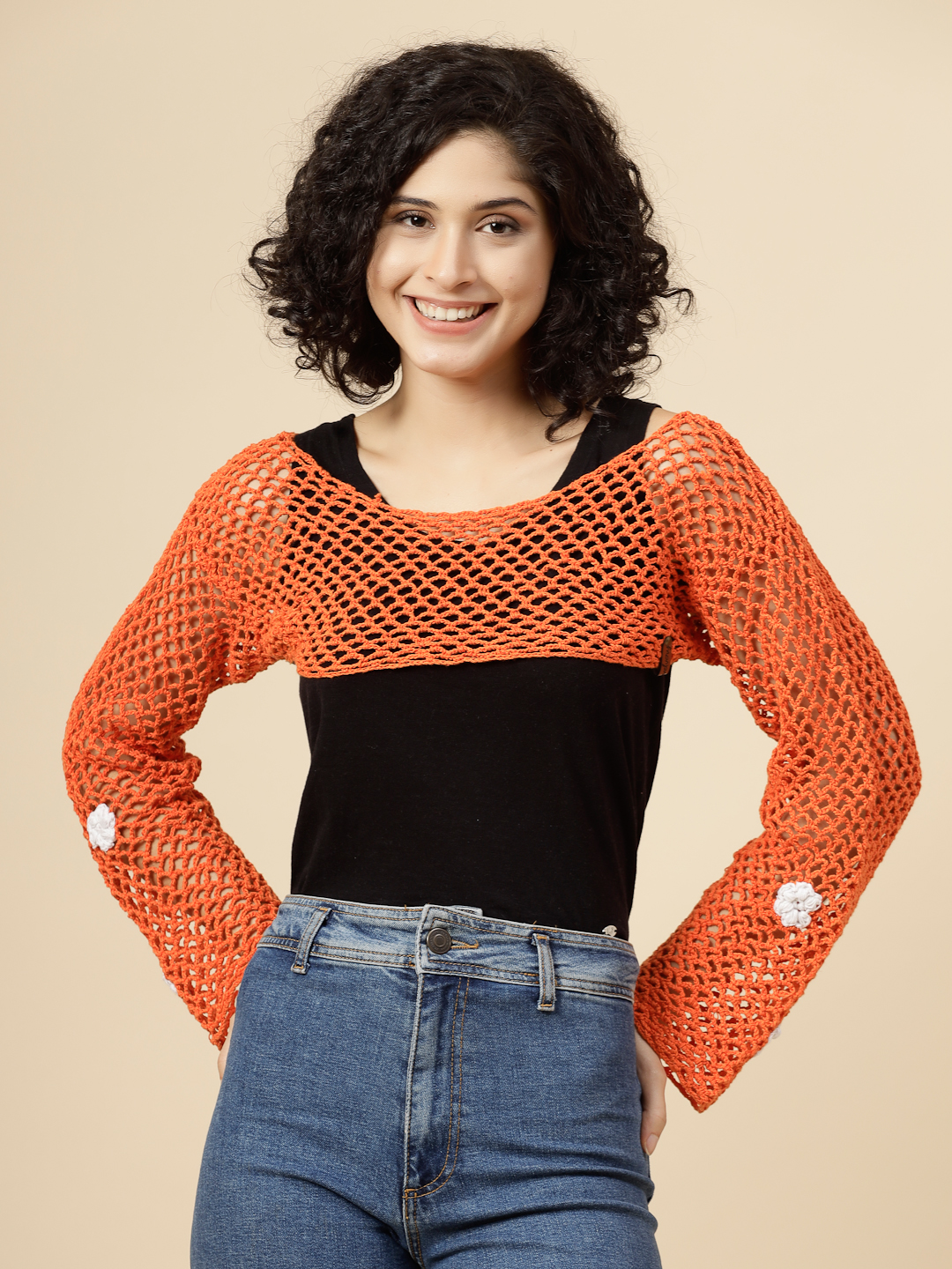 Hollow Out Crochet Knit Top for Women - Orange