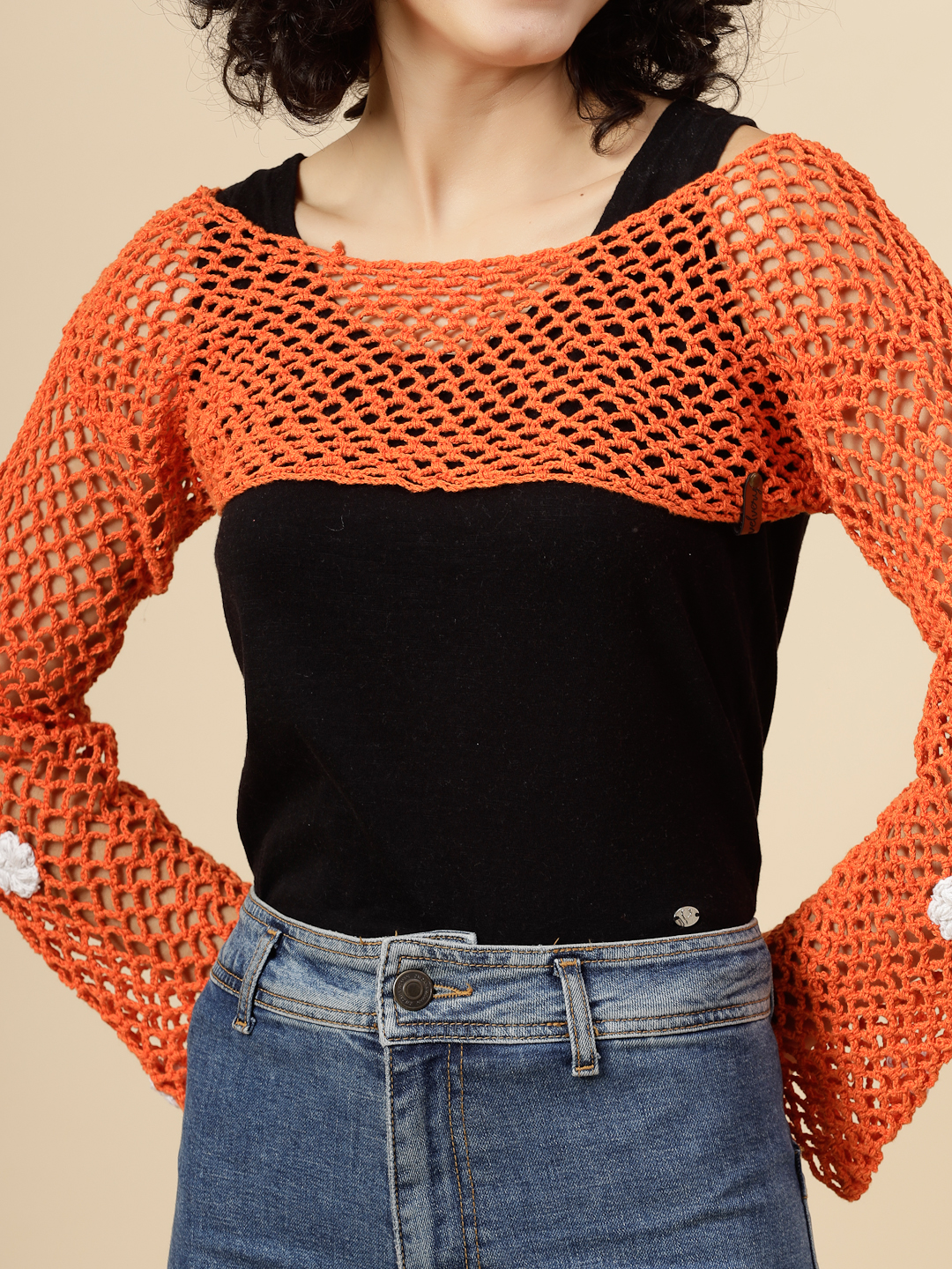 Hollow Out Crochet Knit Top for Women - Orange
