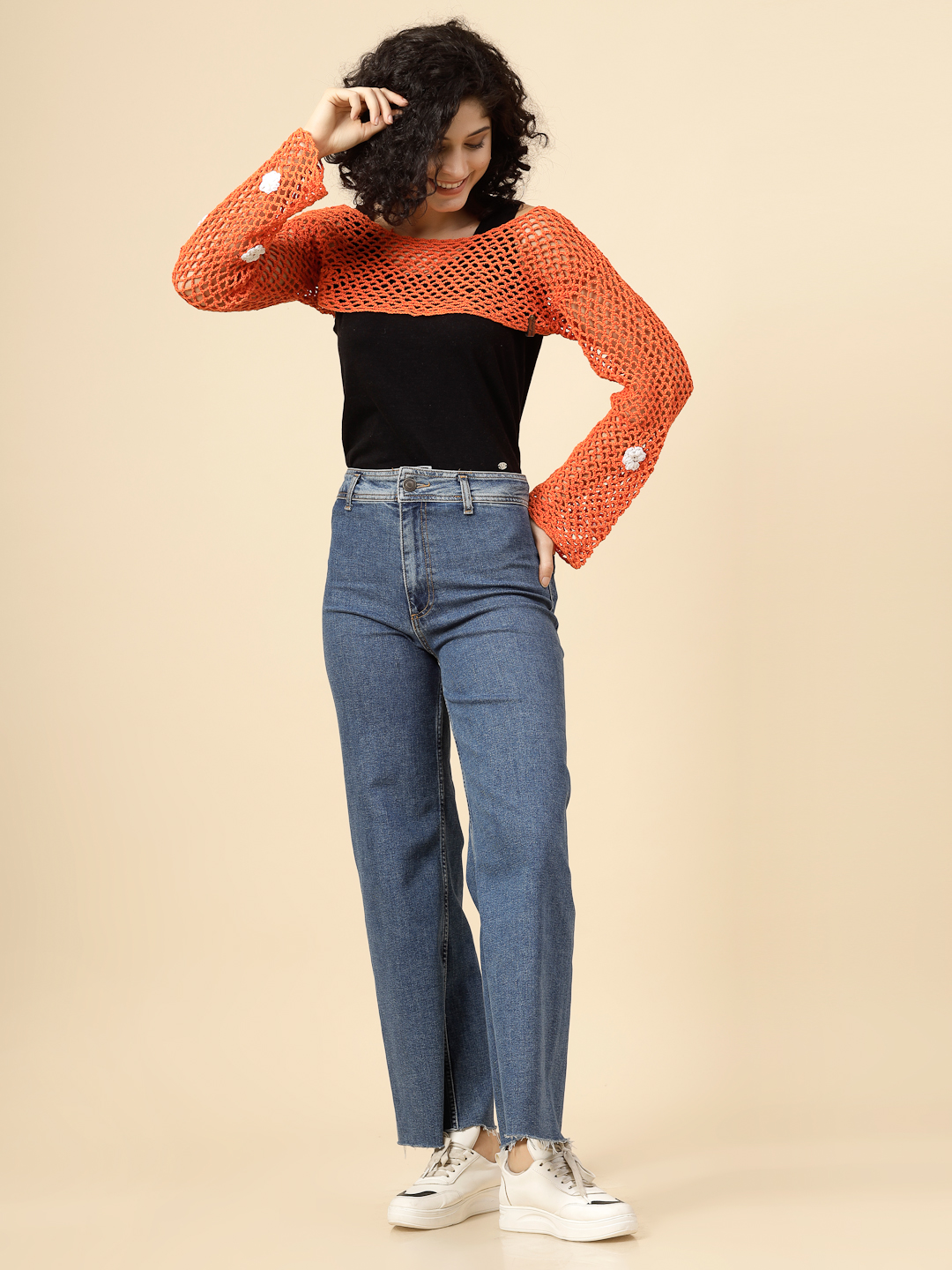 Hollow Out Crochet Knit Top for Women - Orange