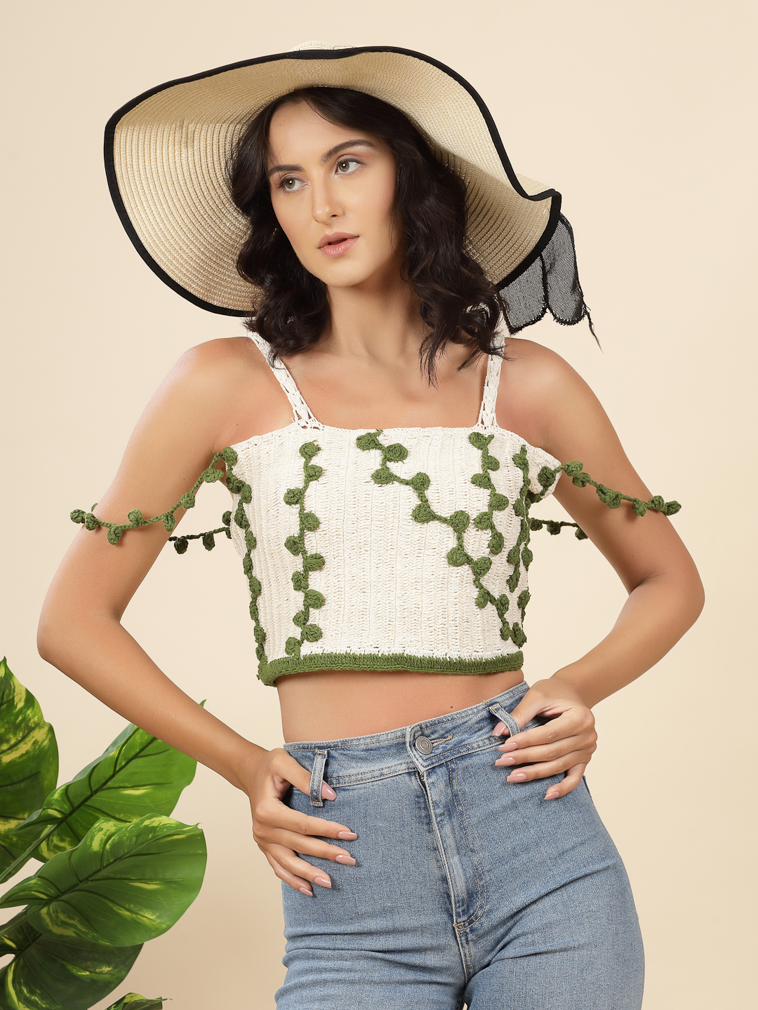 Velvery Crochet White & Olive Leaves Design Hand Knitted Summer Crop Top S