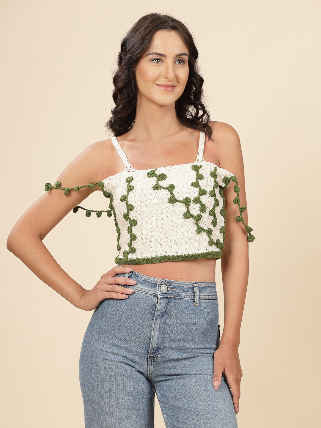 Velvery Crochet White & Olive Leaves Design Hand Knitted Summer Crop Top S
