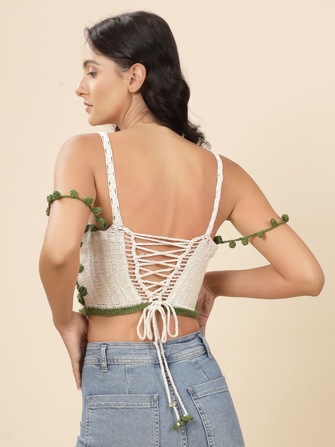 Velvery Crochet White & Olive Leaves Design Hand Knitted Summer Crop Top S