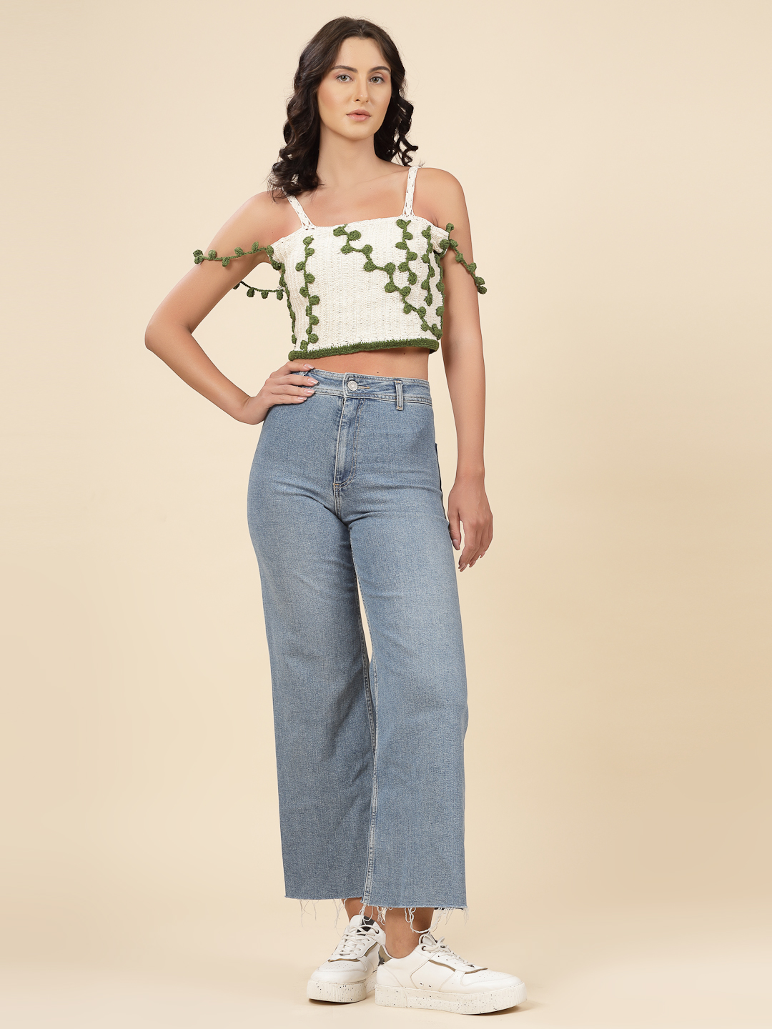 Velvery Crochet White & Olive Leaves Design Hand Knitted Summer Crop Top S