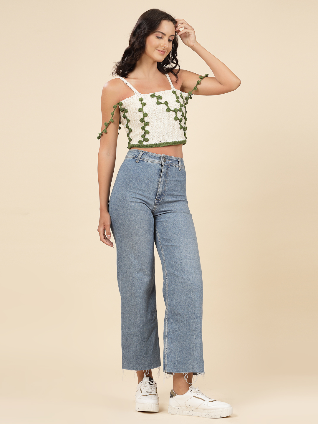 Velvery Crochet White & Olive Leaves Design Hand Knitted Summer Crop Top S