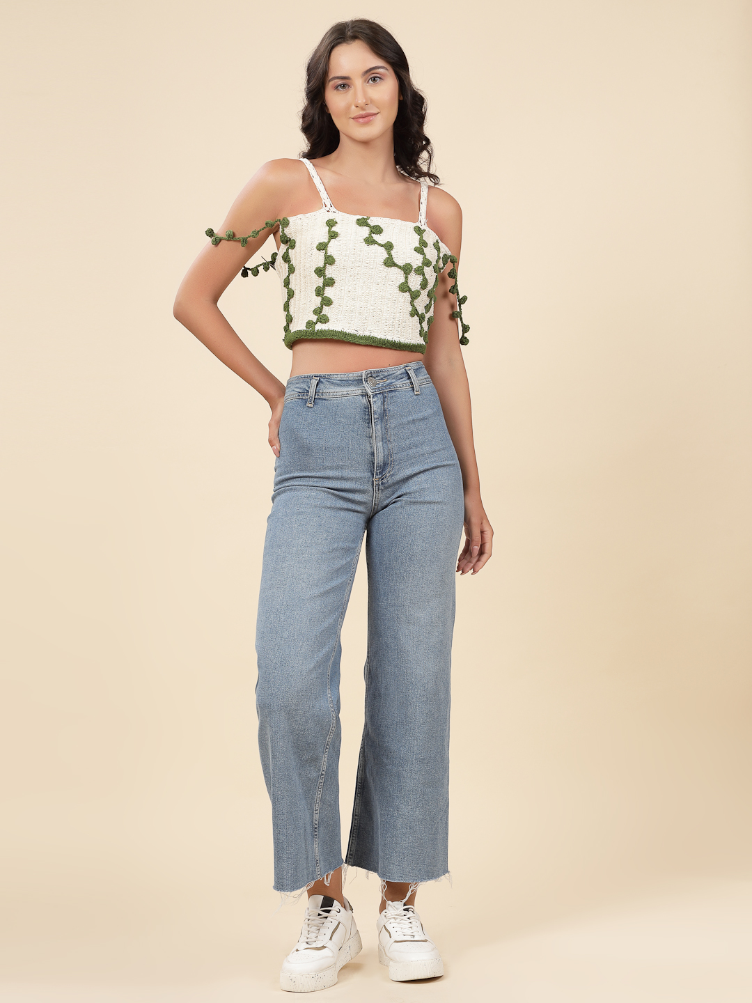 Velvery Crochet White & Olive Leaves Design Hand Knitted Summer Crop Top S