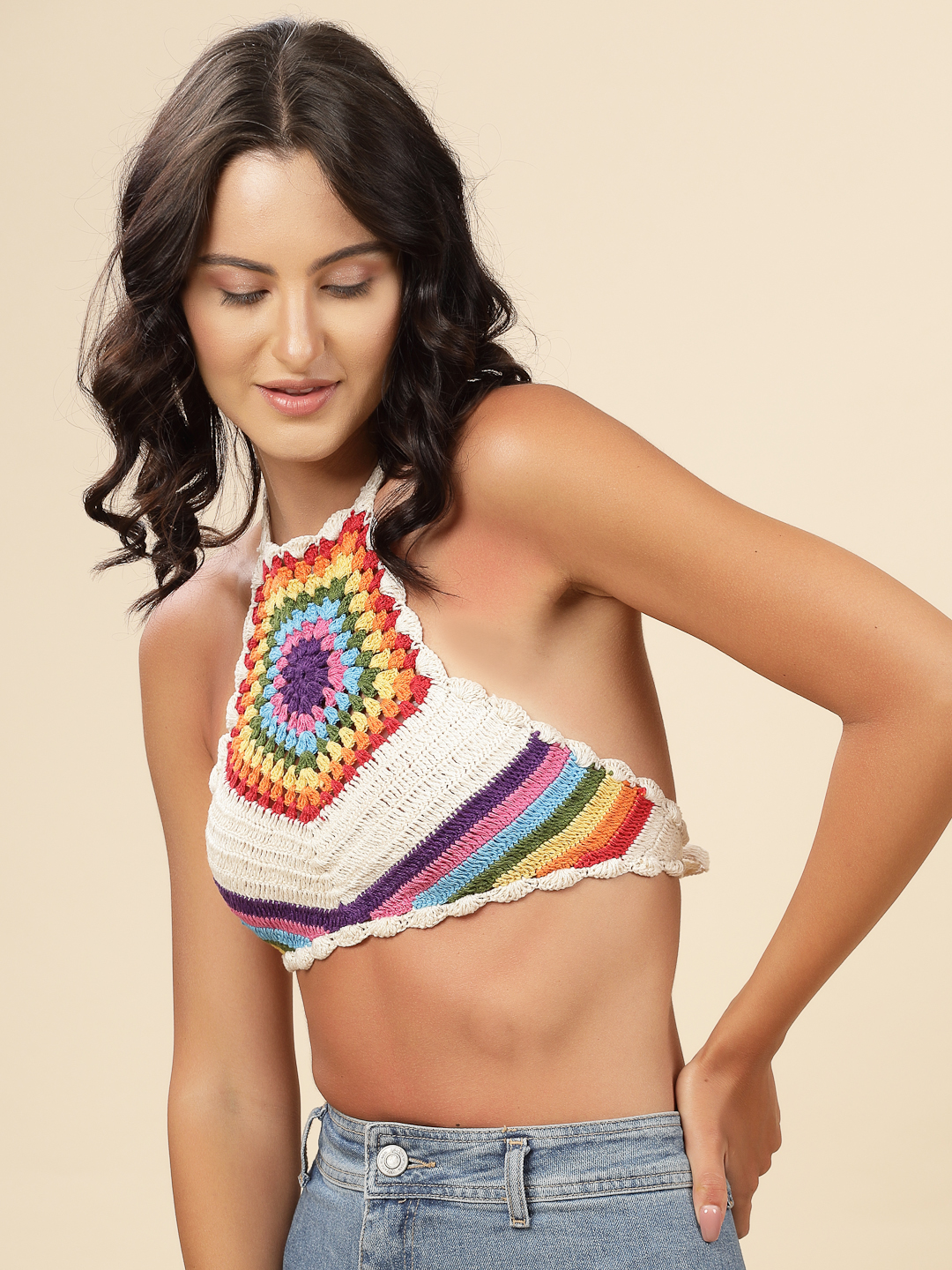Velvery Crochet White & Multi Rainbow Design Hand Knitted Summer Crop Top S